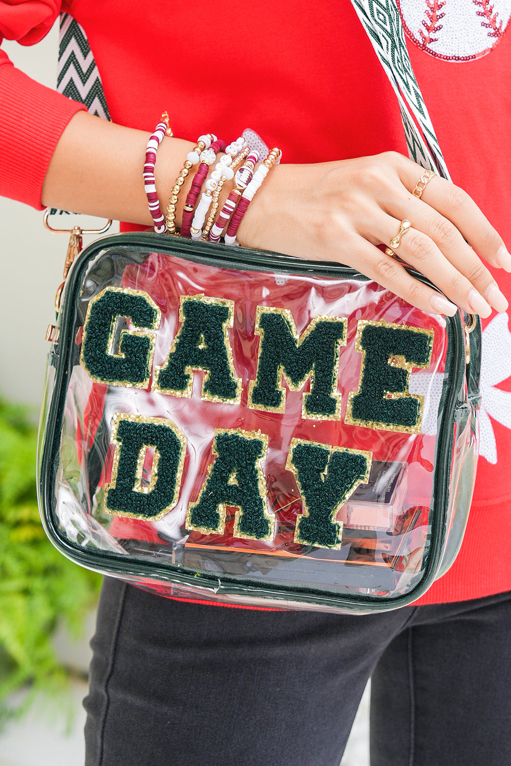 Blackish Green GAME DAY Chenille Embroidered Clear PVC Shoulder Bag