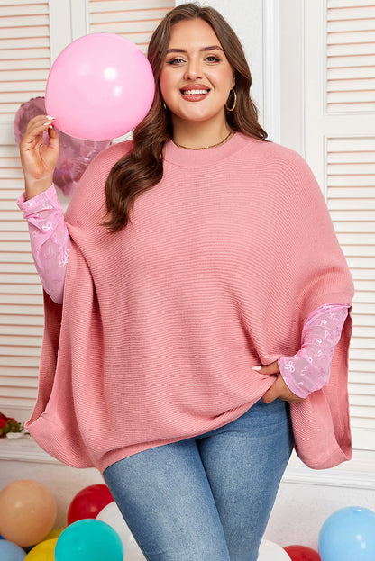 Light Pink Ribbed Knit Half Sleeve Plus Size Poncho Style Sweater