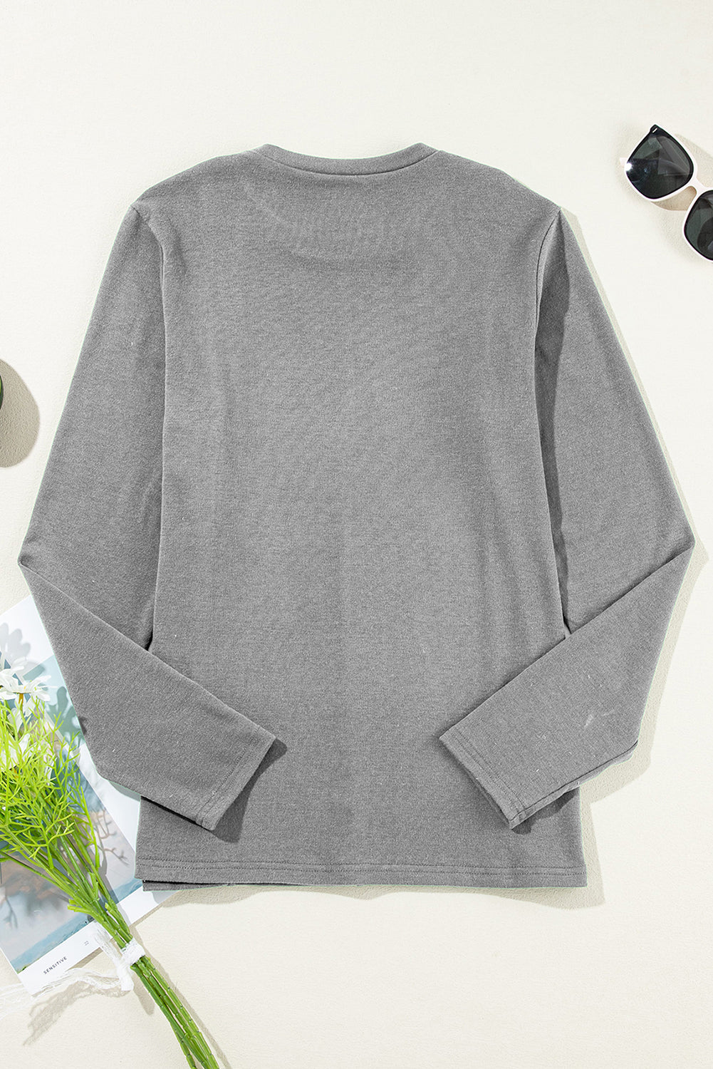 Light Grey Solid Exposed Seam Crew Neck Long Sleeve Top