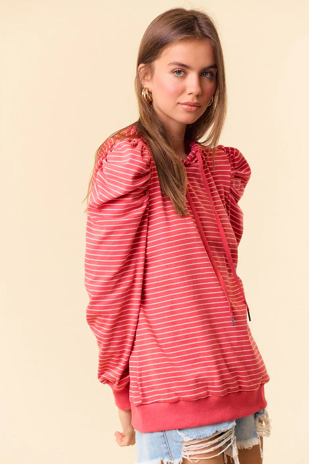 Red Stripe Puff Sleeve Stripe Hoodie