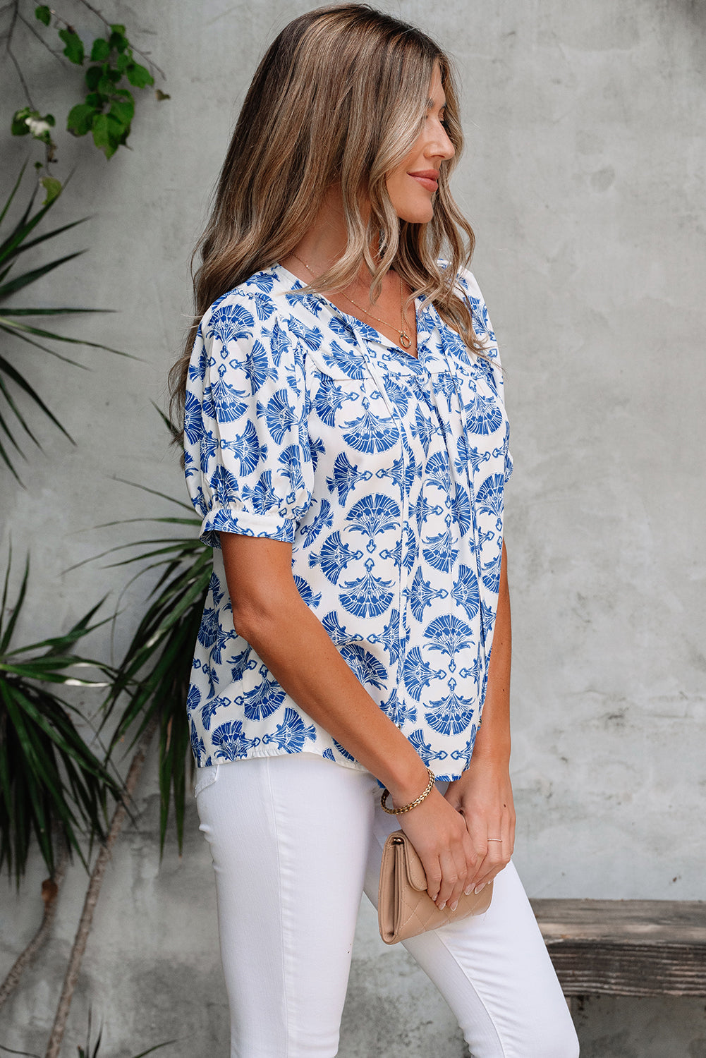 Sky Blue Geometric Print Tassel Drawstring V Neck Blouse