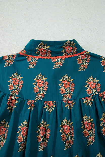 Green Plus Size Floral Print Contrast Lacy Trim Pleated Loose Shirt