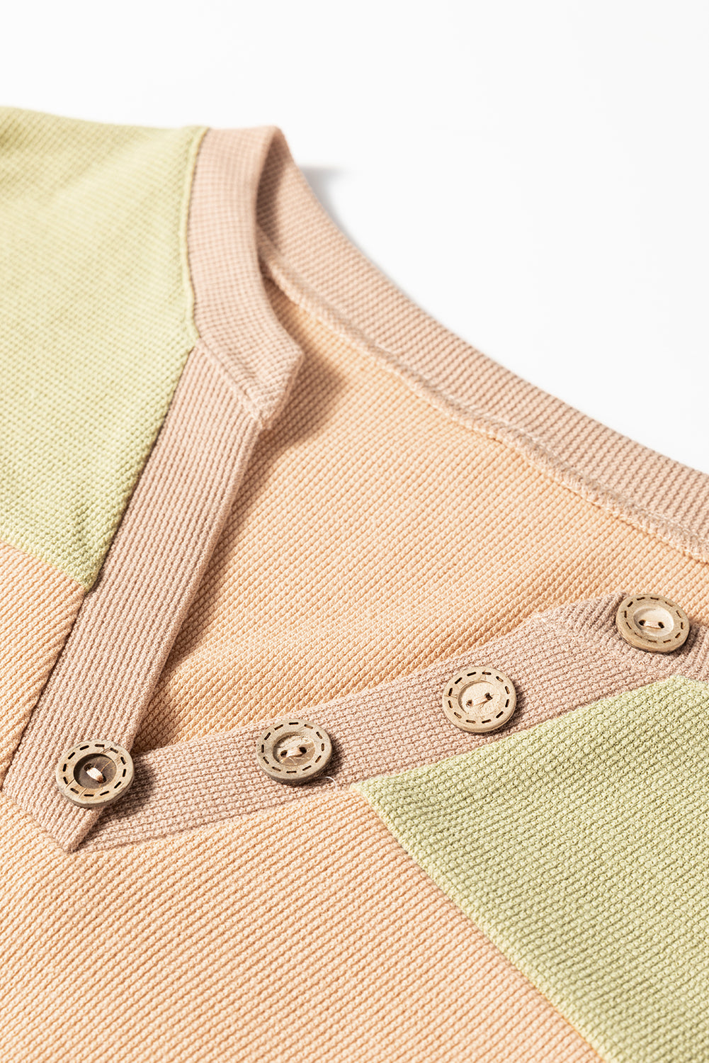 Buckskin Color Block Thermal Textured Knit Drop Shoulder Henley Top