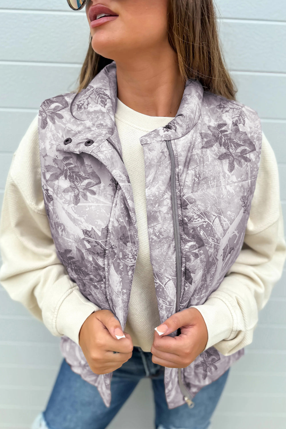 Gray Camo Leaf Print Winter Puffer Vest