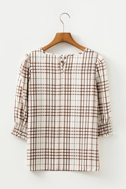 White Plaid Print Frilled Puffy Half Sleeve Blouse
