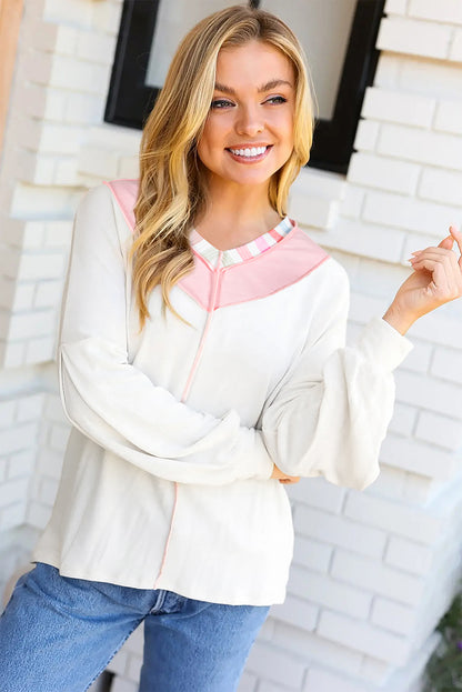 White Exposed Seam Rainbow Stripe Color Block V Neck Loose Long Sleeve Top