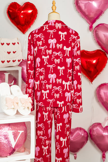 Red Sweet Bow Print Shirt Style Top Long 2pcs Pajama Set