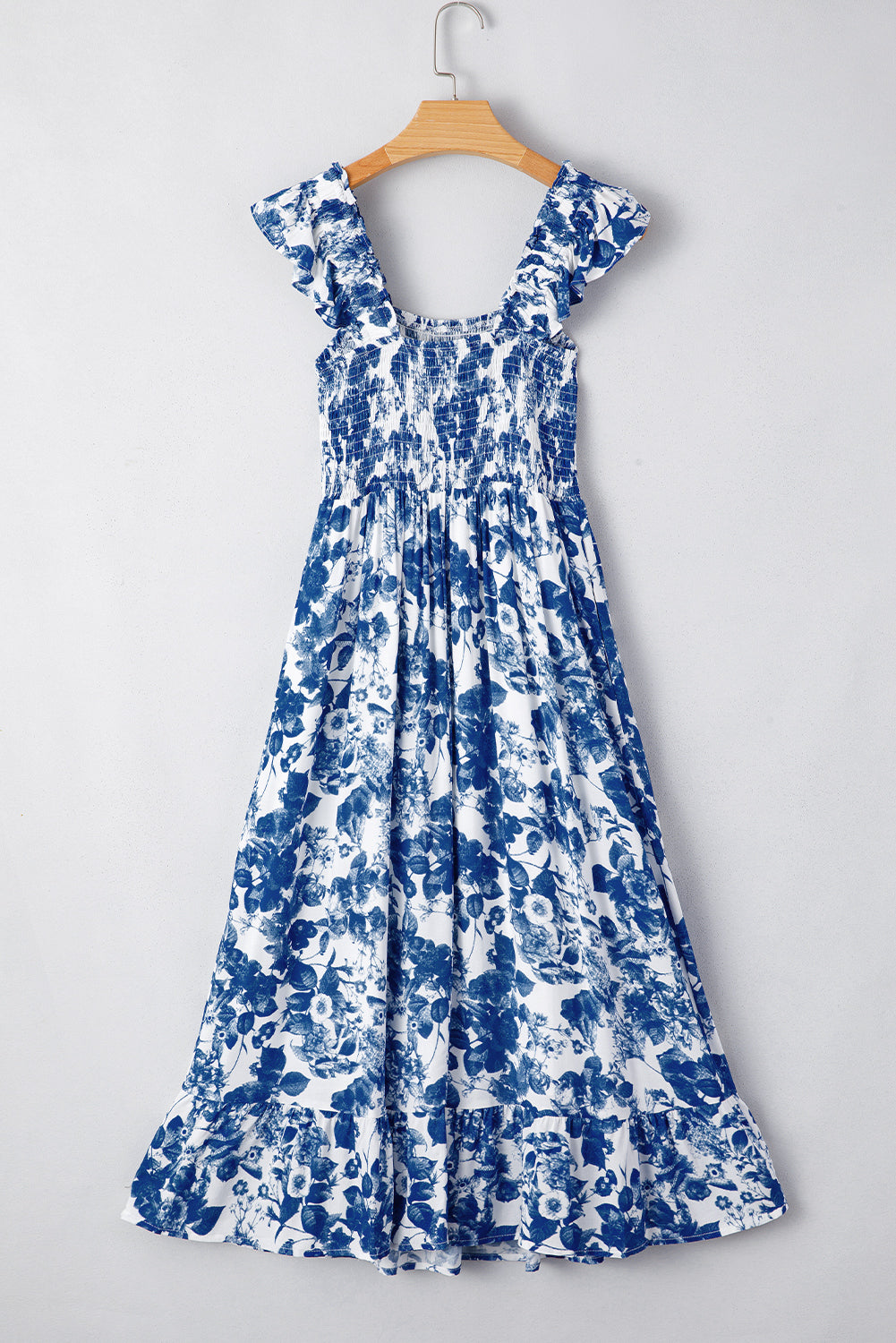 Blue Floral Ruffle Strap Square Neck Smocked Bodice Midi Dress