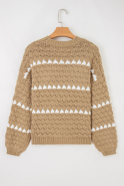 Pale Khaki Contrast Detail Textured Knit Puff Sleeve Baggy Sweater