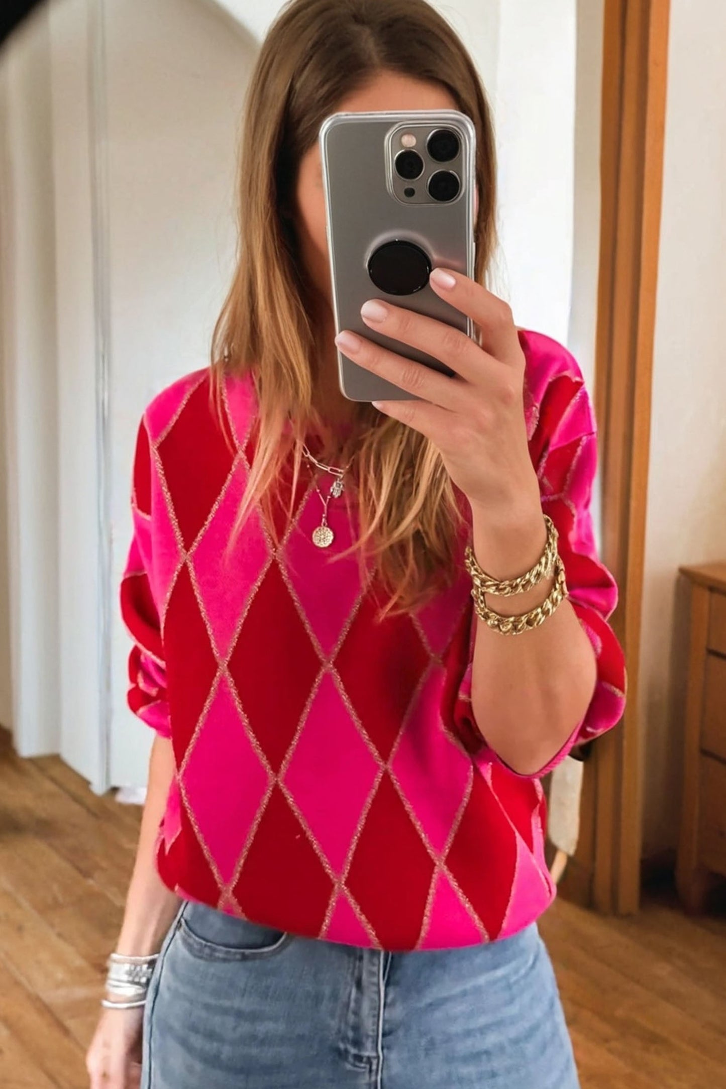 Rose Red Glitter Rhombus Pattern Knit Womens Casual Sweater