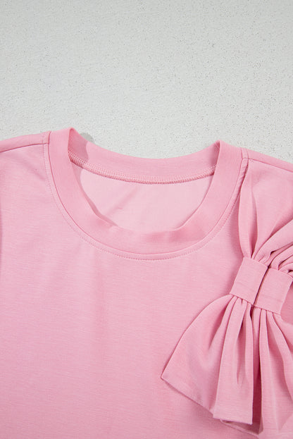 Pink Bow Applique Half Sleeve T-shirt