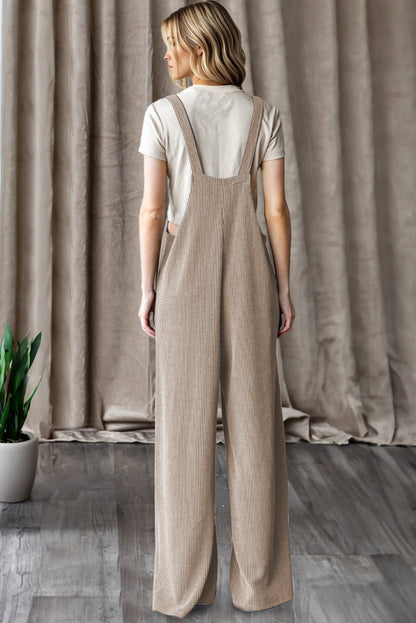 Parchment Ribbed Knit Patched Pocket Wide Leg Overalls