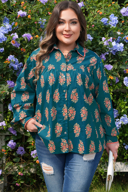 Green Plus Size Floral Print Contrast Lacy Trim Pleated Loose Shirt