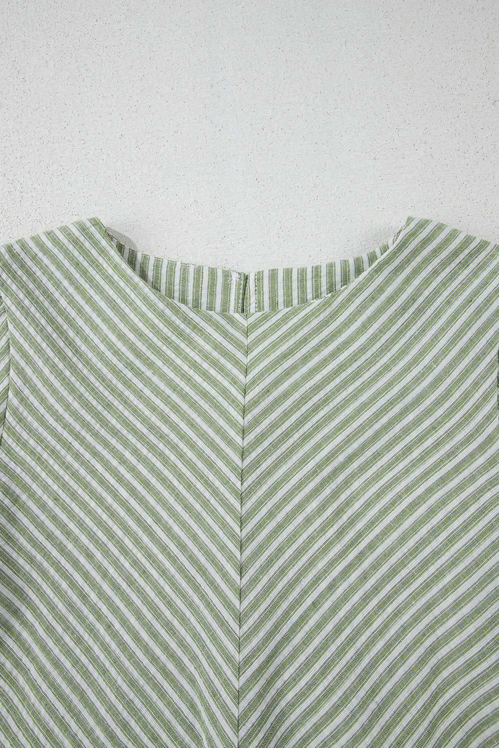 Green Stripe Textured Round Neck Short Puff Sleeve Blouse