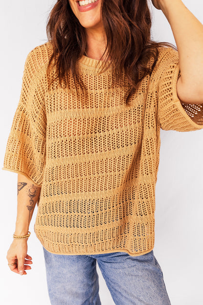 Mustard Hollow out Openwork Knit 3/4 Sleeve Sweater