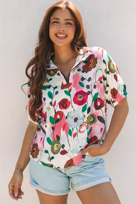 Pink Floral Print Slit V Neck Short Sleeve Blouse