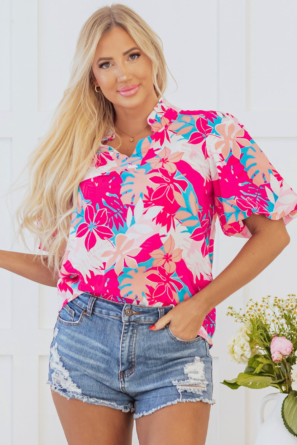 Rose Tropical Plant Printed V Neck Puff Sleeve Blouse