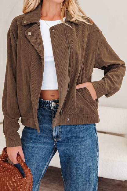 Dark Khaki Button Zip Up Lapel Collar Corduroy Jacket