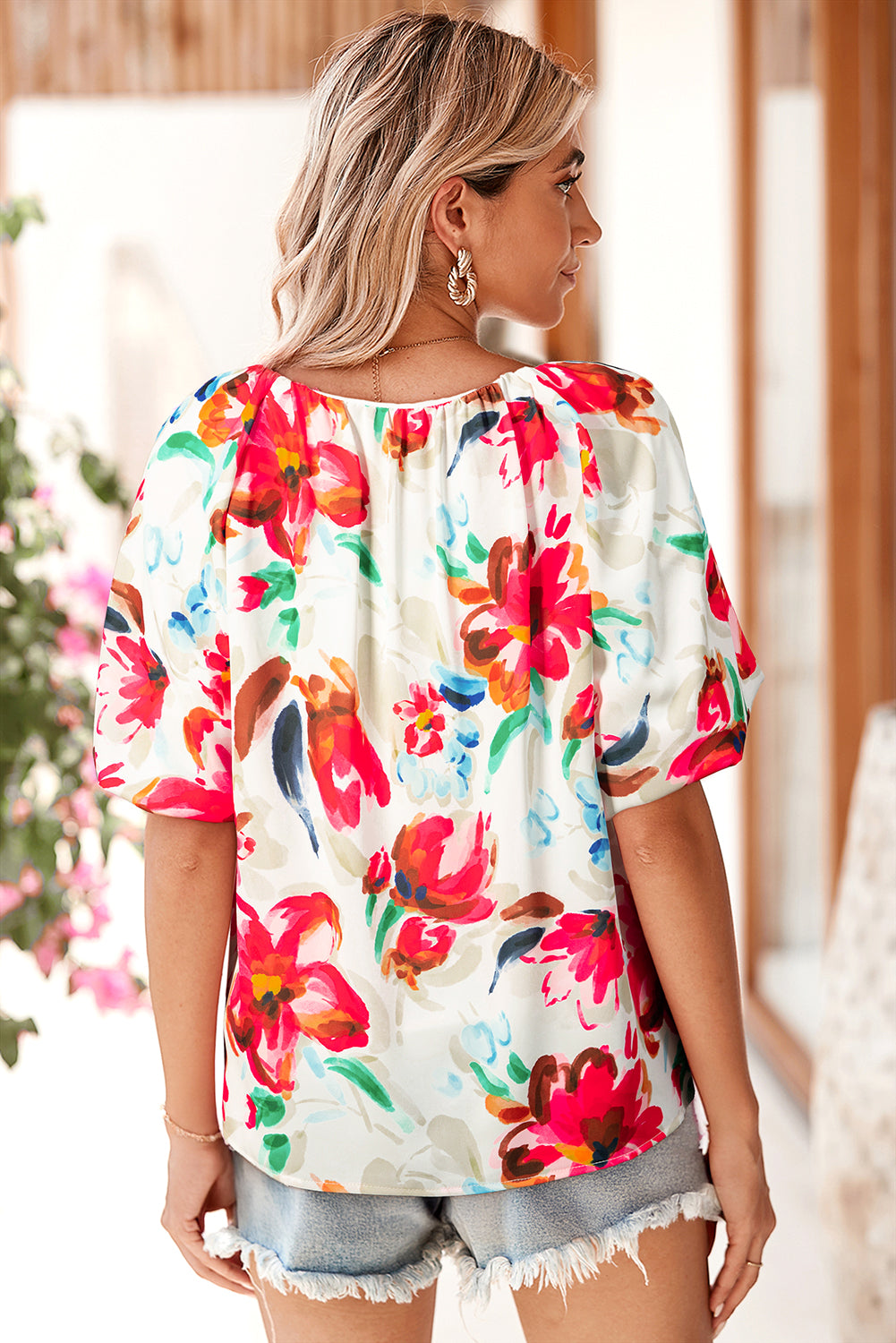 White Floral Print Puffy Half Sleeve Blouse