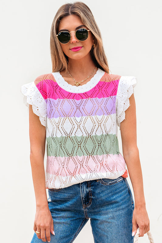 Rose Stripe Colorblock Hollowed Knit Scallop Edge Sweater Vest