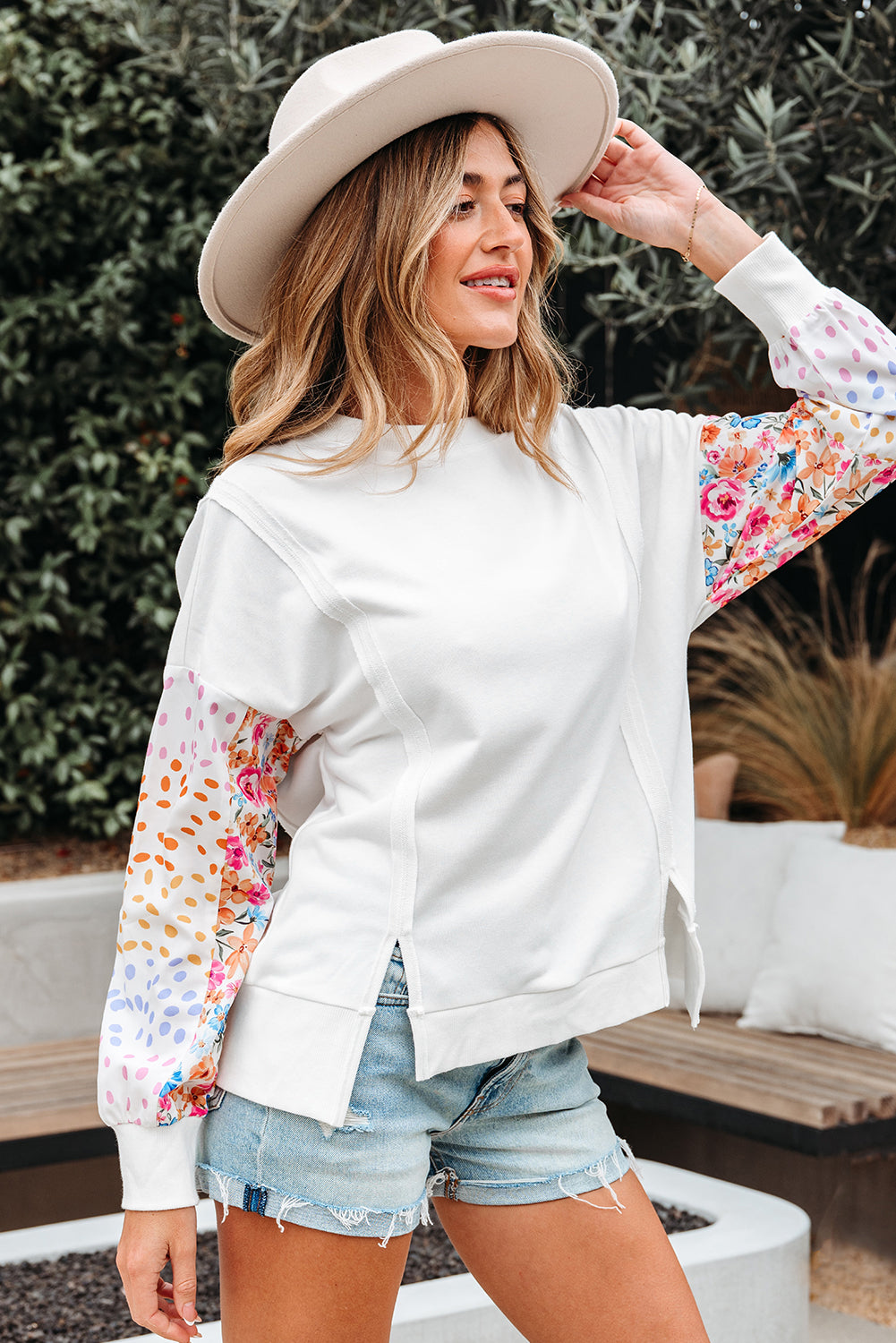 White Floral Dotted Mixed Print Patchwork Sleeve High Low Casual Sweatshirt
