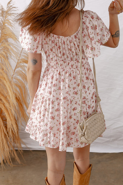 Pink Front Tie Shirred Waist Short Sleeve Ruffled Floral Mini Dress