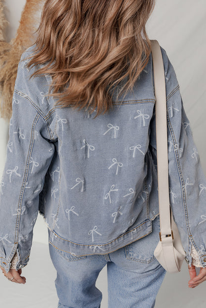 Sky Blue Bow Knot Print Light Wash Raw Hem Denim Jacket
