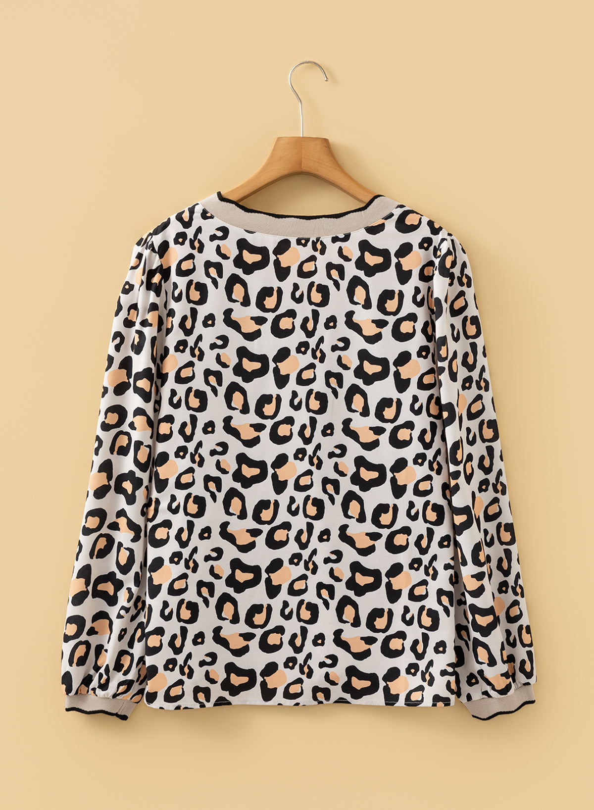Khaki Leopard Print Contrast Scalloped V Neck Long Sleeve Blouse