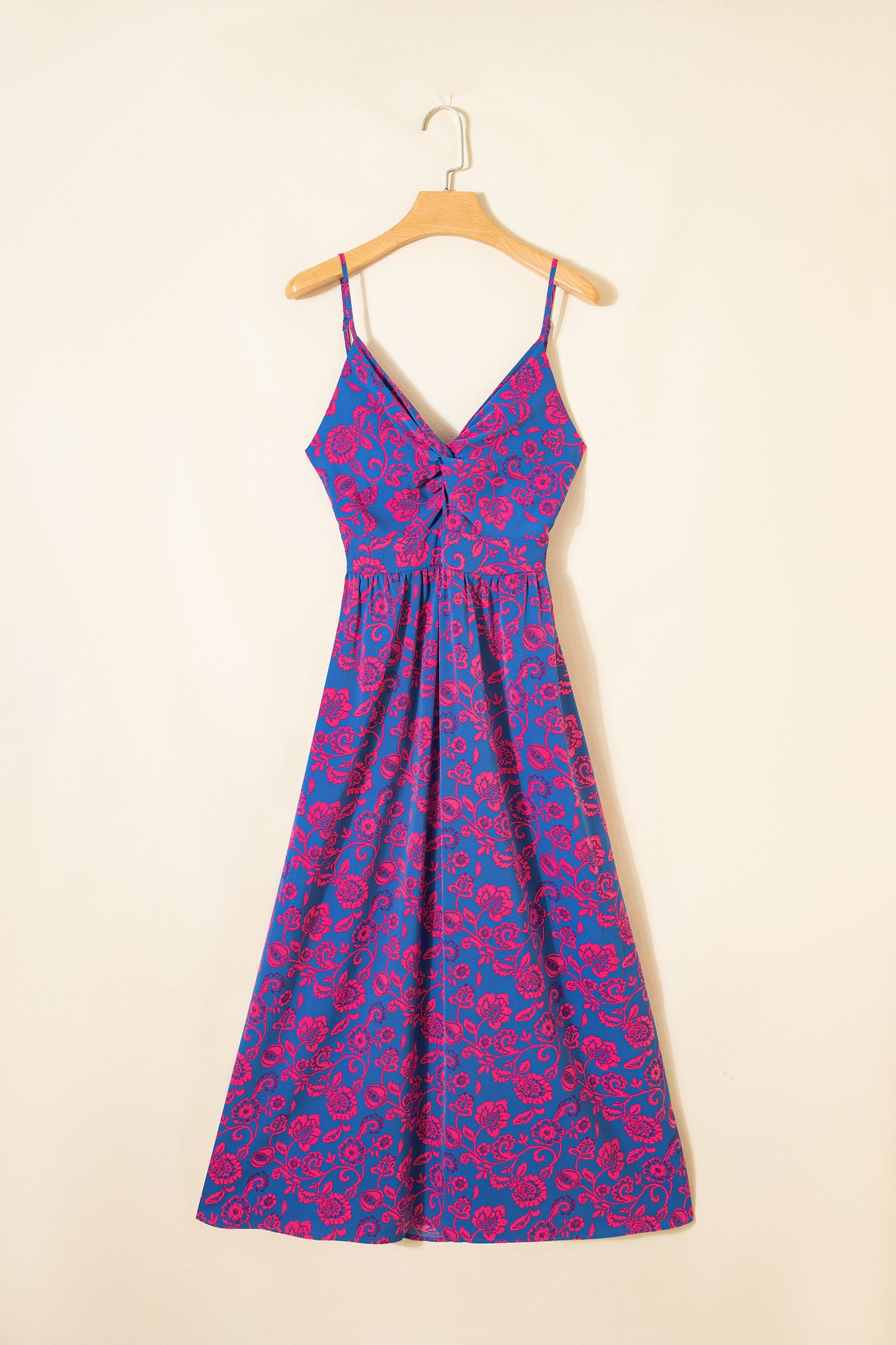 Blue Floral Print Twisted V Neck Tied Backless Maxi Dress