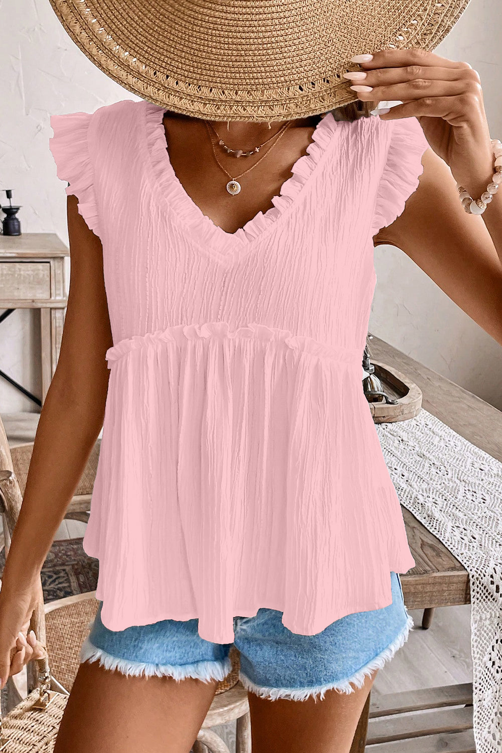 Light Pink Textured Ruffled Trim V Neck Flutter Flowy Top