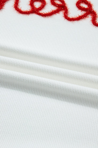 White Merry Tinsel Letter Embroidery Ribbed Drop Shoulder Sweatshirt