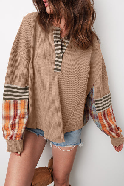 Beige Waffle Stripe Plaid Patchwork Henley Knit Top