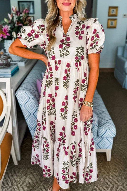 Beige Floral Short Bubble Sleeve Tiered Maxi Dress