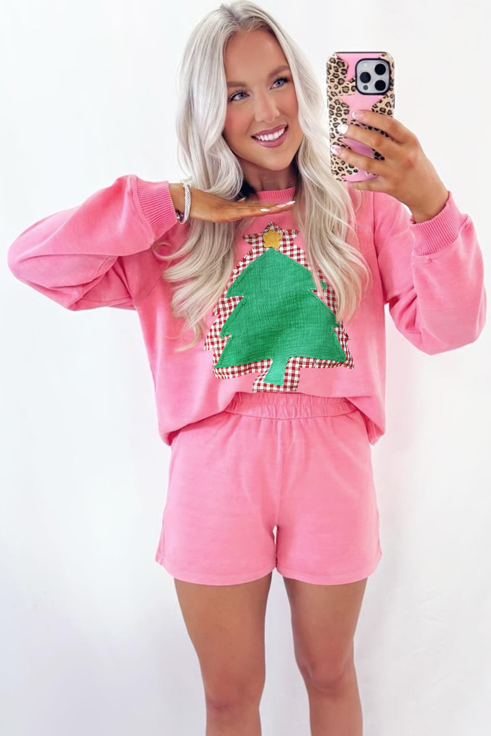 Sachet Pink Plaid Contrasted Double Christmas Tree Patched Raglan Sleeve Pullover 2pcs Short Set