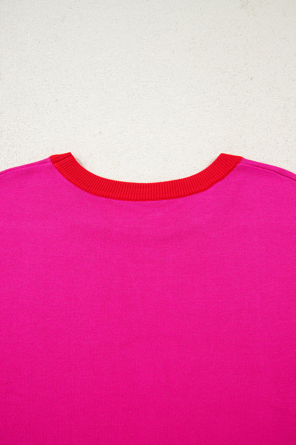 Rose Red Contrast Trim Round Neck Short Sleeve Loose Knit Sweater