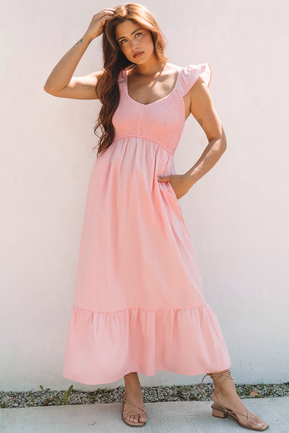 Pink V Neck Flutter Sleeve Smocked Bodice High Waist Ruffle Maxi Dress