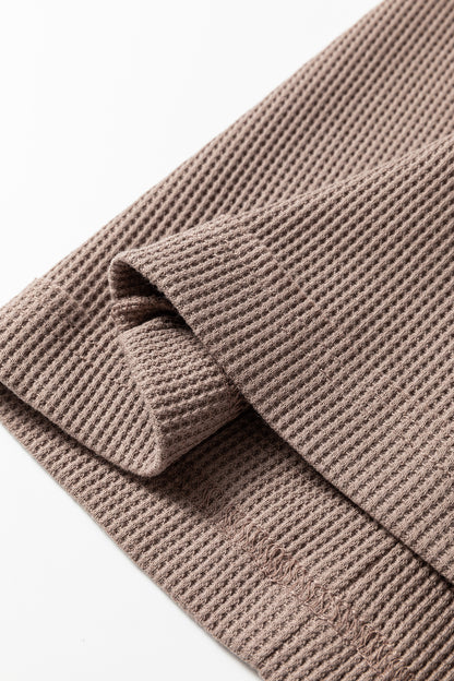 Old Rose Solid Color Waffle Knit Asymmetric Neck Long Sleeve Top