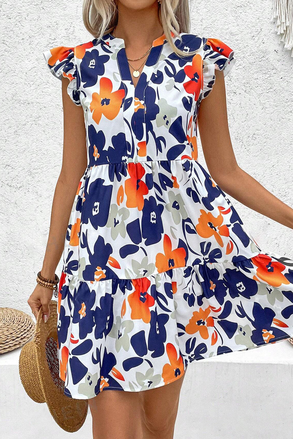 Orange Floral Print Notched Neck Flutter Sleeve Mini Dress