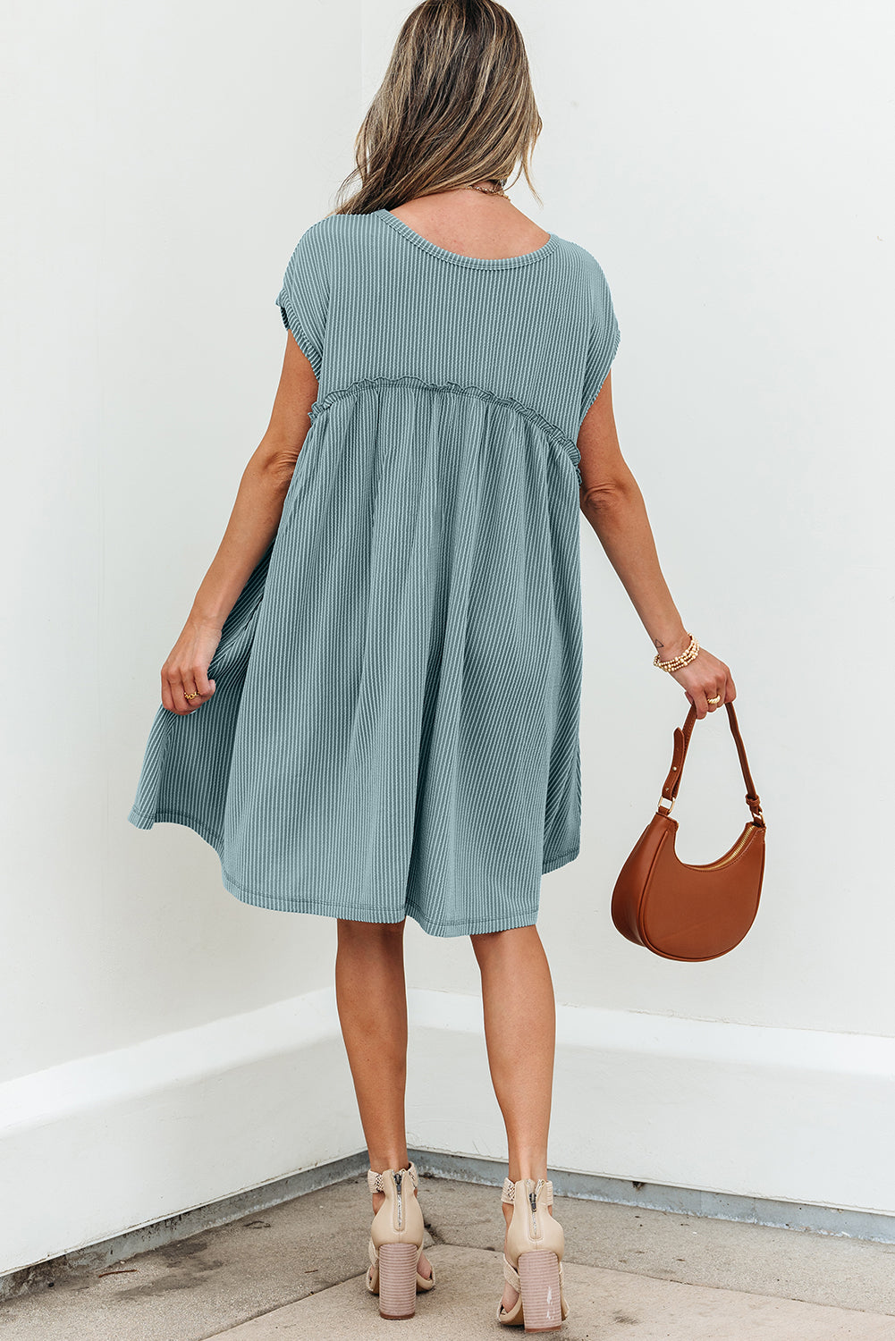 Canton Corded Knit Textured Patched Pocket Frilled Swing Mini Dress with Pockets