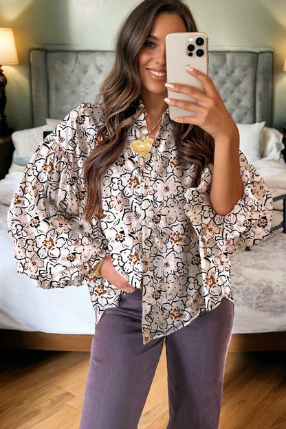 Khaki Bold Floral Print Frilled Puff Sleeve Button Down Shirt