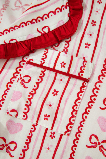 Red Sweet Floral Heart Bow Print Contrast Trim Long Sleeve Shirt Pajama Short Set