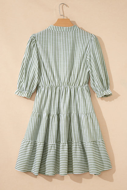 Green Stripe Tasseled Tie Neck Ruffled Short Sleeve Tiered Flattering Dress