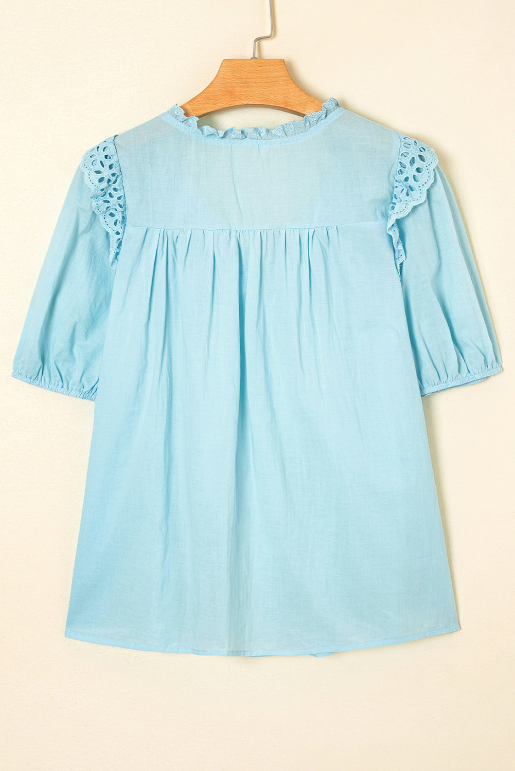 Mist Blue Embroidered Lace Patchwork Tie Neck Puff Short Sleeve Blouse