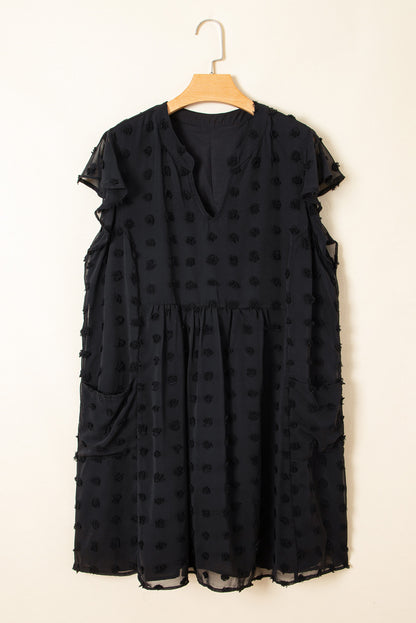 Navy Blue Dotty Textured Notched Neck Plus Ruffled Dress