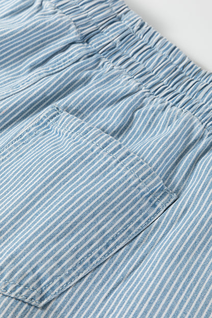 Sky Blue Stripe Drawstring Elastic Waist Casual Denim Shorts
