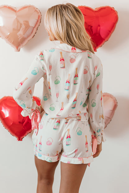 Light Pink Christmas Wine Glass Print Bow Knot Two Piece Pajama Set
