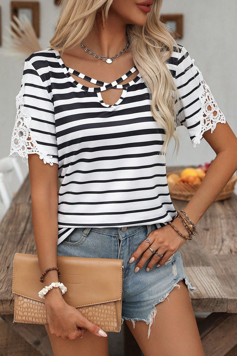 Black Stripe Cross Straps Hollowed Neck Lace Splicing Short Sleeve Blouse