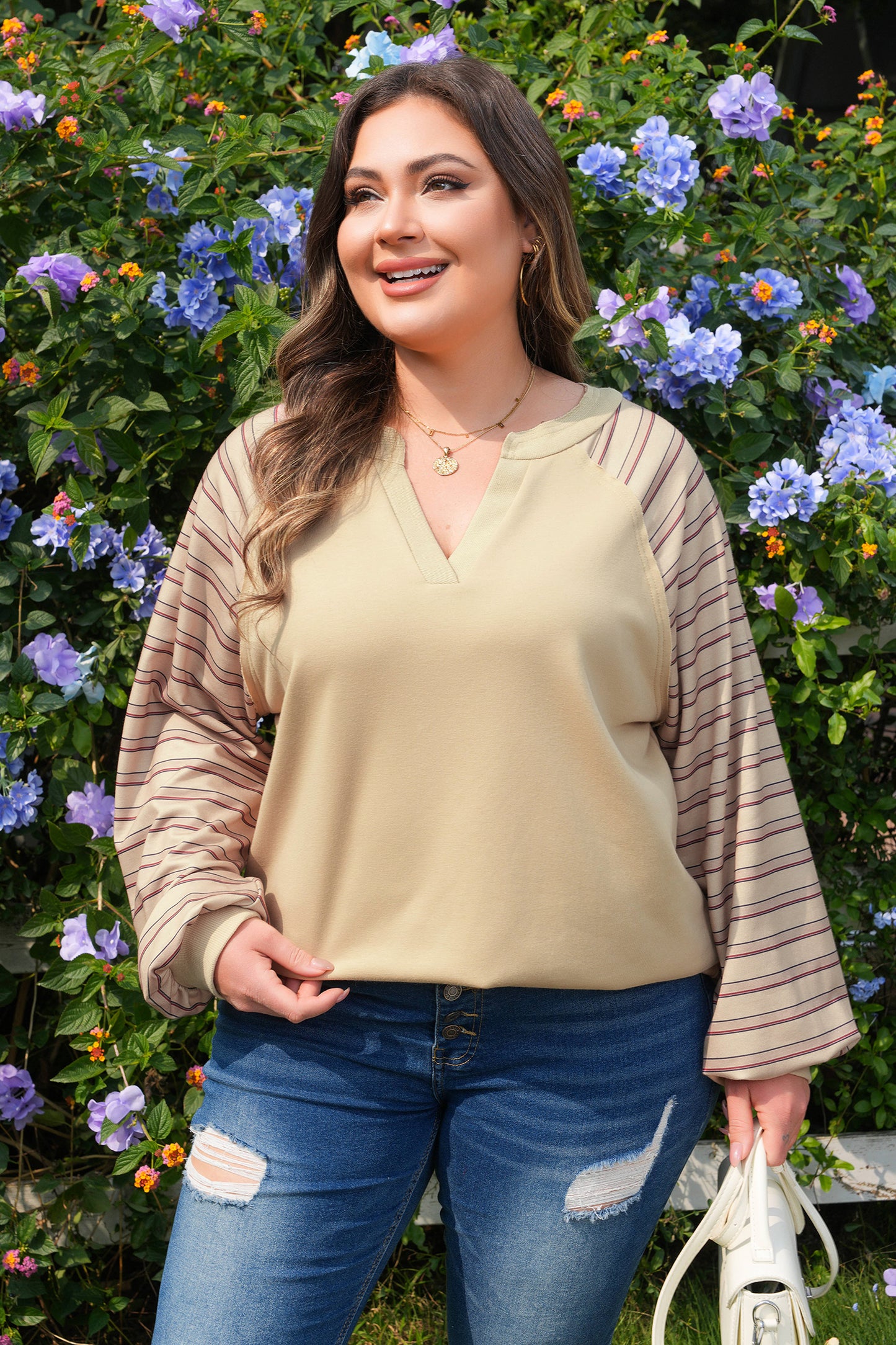 Parchment Striped Raglan Sleeve Notched Neck Raw Edge Plus Size Jumper