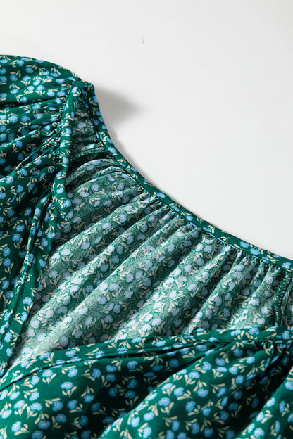 Green Boho Chic Notched V Neck Plus Floral Short Sleeve Top