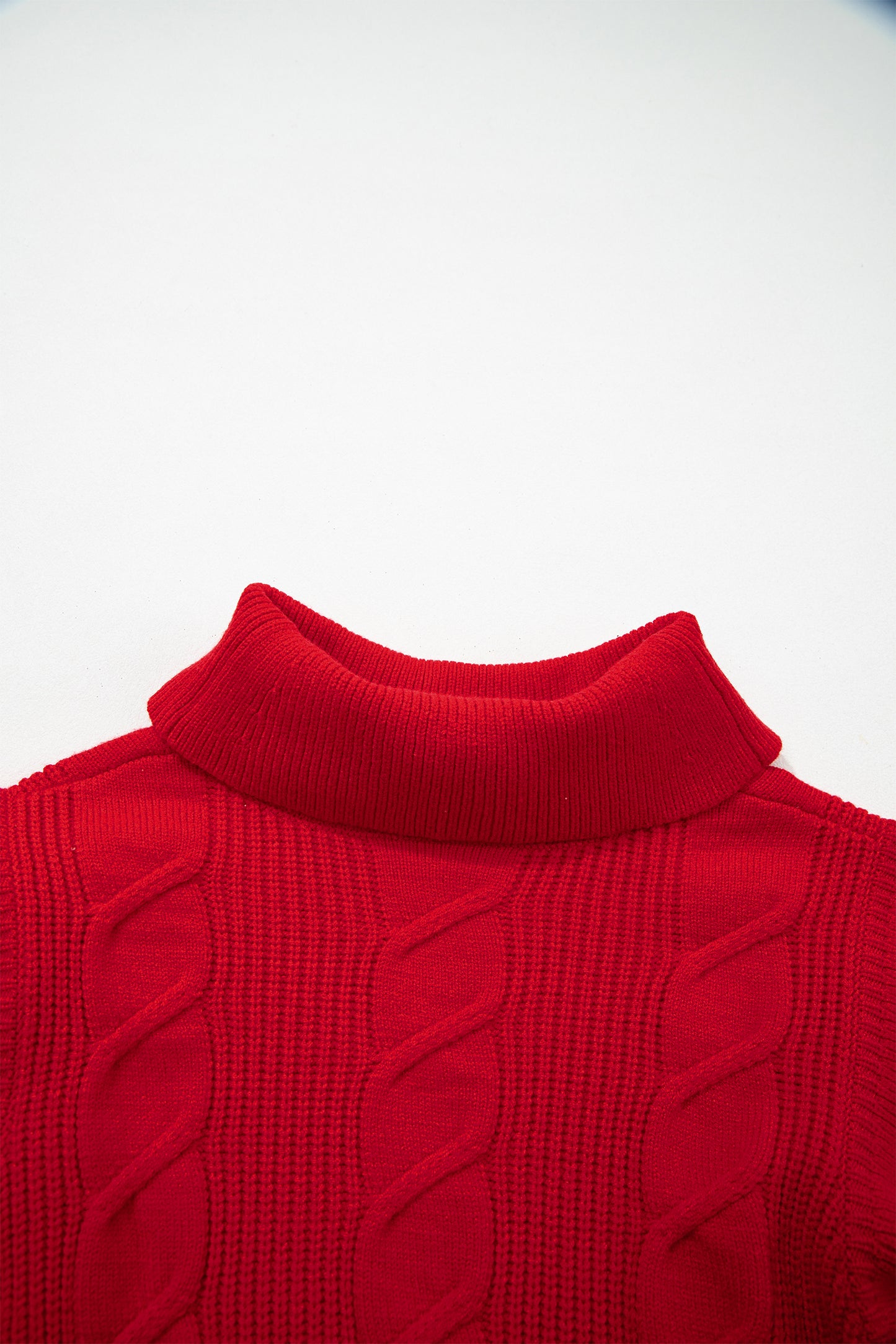 Tomato Red Cable Knit Turtleneck Ruffled Short Sleeve Sweater